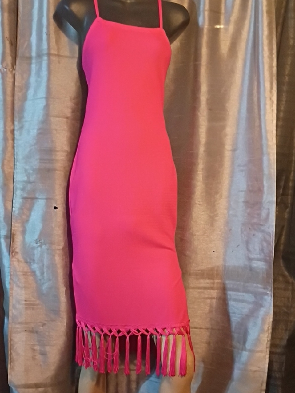 Allegra K Hot Pink Fringe-Hem Midi Slip Dress